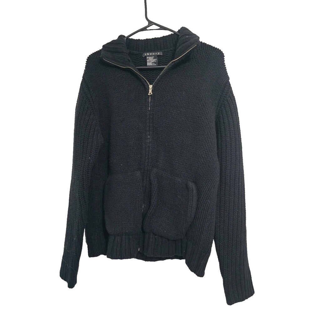 Theory Medium Womens Sweater Cardigan Full Zip Ribbed Pouch Pockets Wool
